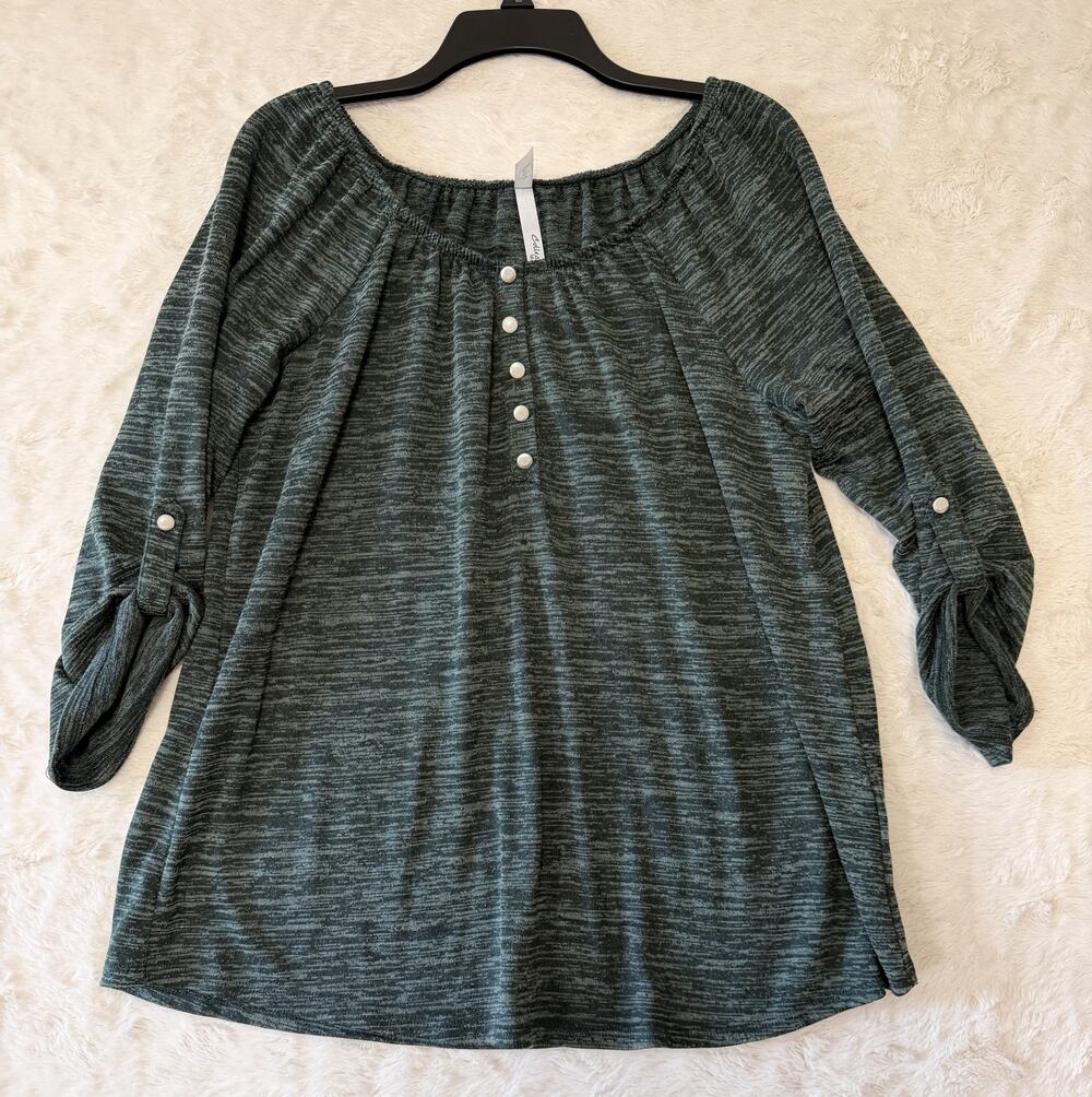 NY Collection Women's 3/4 Roll Tab Sleeve Green Space Dye Tunic Size L